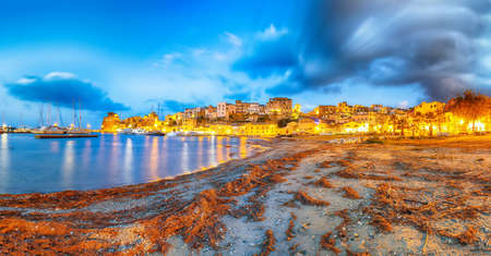 Breathtaking evening cityscape of Castellammare del Golfo town. Popular travel destination of the Mediterranean sea. Location: Cefalu, Province of Palermo, Sicily, Italy, Europeの写真素材