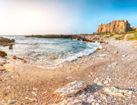 Stunning seascape of Isolidda Beach near San Vito cape. Popular travel destination of Monte Cofano National Park. Location: San Vito Lo Capo, Province of Trapani, Sicily, Italy, Europeの写真素材