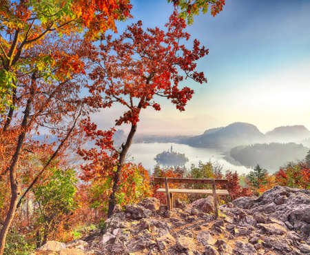 Fabulous sunrise over popular tourist destination  Bled lake. Dramatic view of Pilgrimage Church of the Assumption of Maria. Location: Bled, Upper Carniolan region, Slovenia, Europeの写真素材