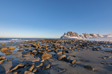 Fabulous winter scenery on Uttakleiv beach at morning. Popular tourist destination. Location: Vestvagoy island, Lofoten; Norway, Europeの写真素材