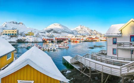 Marvelous snowy morning  cityscape of Sorvagen town and port. Popular travel destination on Lofotens. Location: Sorvagen, Moskenes, Lofoten; Norway, Europeの写真素材
