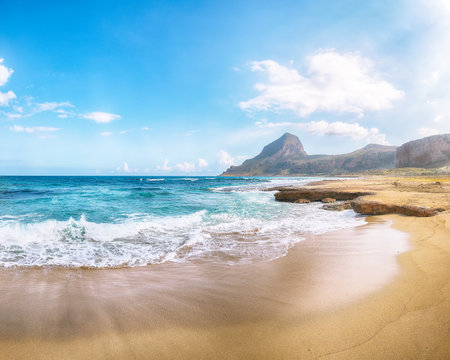 Picturesque seascape of Isolidda Beach near San Vito cape. Popular travel destination of Monte Cofano National Park. Location: San Vito Lo Capo, Province of Trapani, Sicily, Italy, Europeの写真素材