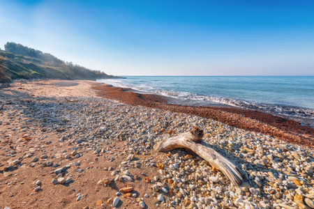 Fabulous view azure sea glowing by sunlight. Dramatic morning scene. Location: Makauda, Sciacca. Sicily, Southern Italy, Europeの写真素材