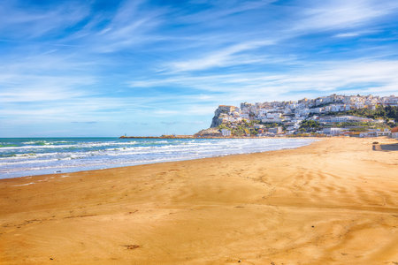 Amazing Peschici with wide sandy beach in Puglia, adriatic coast of Italy. Location: Peschici, Gargano peninsula, Apulia, southern Italy, Europe.の写真素材