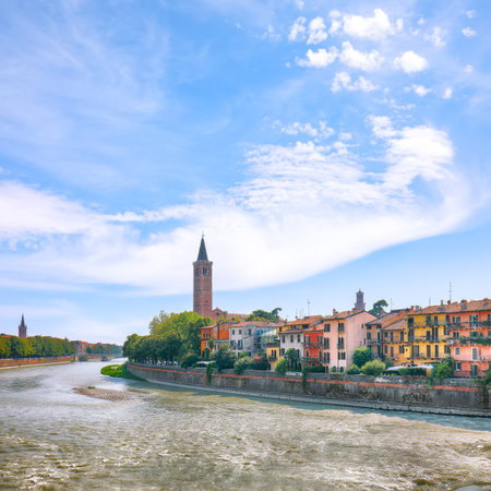 Fabulous  Verona cityscape view on the riverside with historical buildings and towers. Location: Verona, Veneto region, Italy, Europeの写真素材