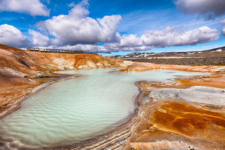 Breathtaking landscape of Acid hot lake with turquoise water in the geothermal valley Leirhnjukur. Location: valley Leirhnjukur, Myvatn region, North part of Iceland, Europeの写真素材