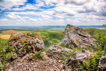 Amazing view of Turda Gorge (Cheile Turzii) natural reserve with marked trails for hikes on Hasdate river. Top view. Location: near Turda close to Cluj-Napoca, in Transylvania, Romania, Europeの写真素材
