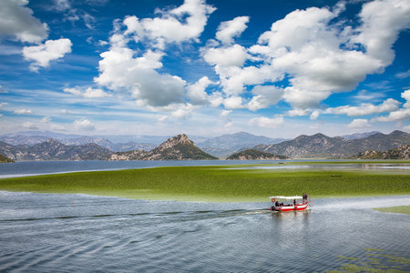 Captivating view of Skadar lake surrounded by green mountain peaks on a sunny day. Location: National park Skadar Lake, Montenegro, Balkans, Europe.の写真素材