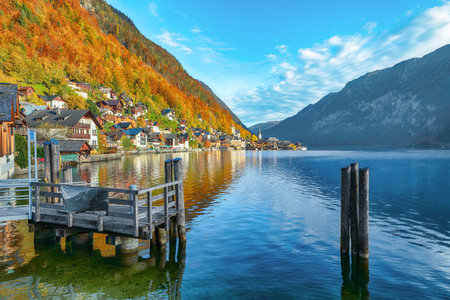 Amazing view of famous Hallstatt mountain village with Hallstatter lake. Popular travel destination. Location:  Hallstatt, Salzkammergut region, Austria, Alps. Europe.の写真素材