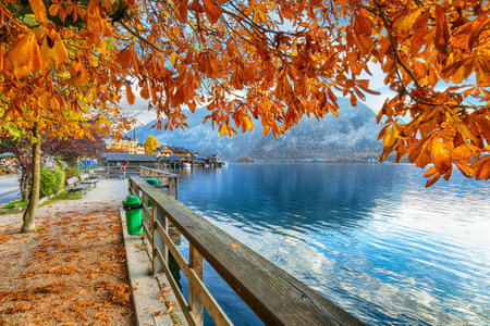 Amazing view of famous Hallstatt mountain village with Hallstatter lake. Popular travel destination. Location:  Hallstatt, Salzkammergut region, Austria, Alps. Europe.の写真素材