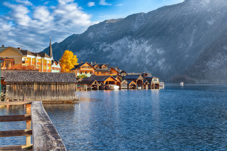 Stunning view of famous Hallstatt mountain village with Hallstatter lake. Popular travel destination. Location:  Hallstatt, Salzkammergut region, Austria, Alps. Europe.の写真素材