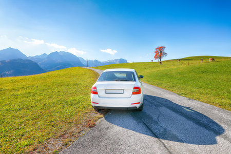 Amazing view of  Alpine green fields near Abtenau village at autumn sunny day.  Location:  Abtenau, Hallein district, Salzburg state, Austriaの写真素材