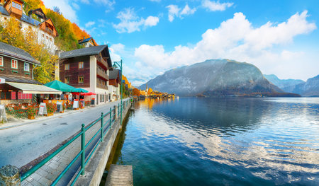 Amazing view of famous Hallstatt mountain village with Hallstatter lake. Popular travel destination. Location:  Hallstatt, Salzkammergut region, Austria, Alps. Europe.の写真素材