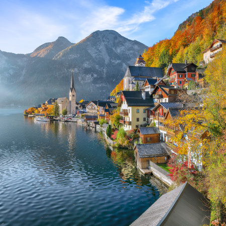 Amazing view of famous Hallstatt mountain village with Hallstatter lake. Popular travel destination. Location:  Hallstatt, Salzkammergut region, Austria, Alps. Europe.の写真素材