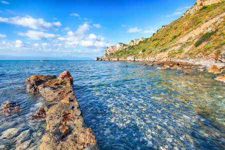 Picturesque spring view on the the cape Milazzo panorama of nature reserve Piscina di Venere.  Location: cape Milazzo, Tyrrhenian sea, Island Sicilia, Italy, Europeの写真素材