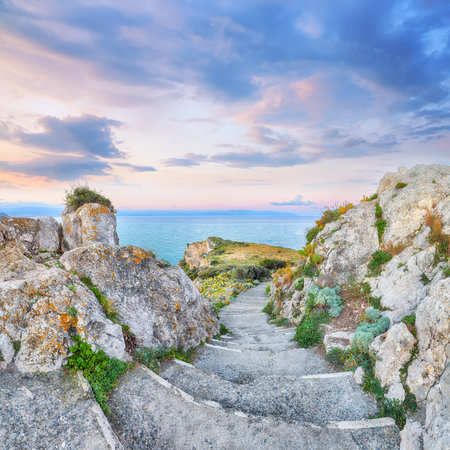 Breathtaking spring view on the the cape Milazzo panorama of nature reserve.  Location: cape Milazzo, Tyrrhenian sea, Island Sicilia, Italy, Europeの写真素材