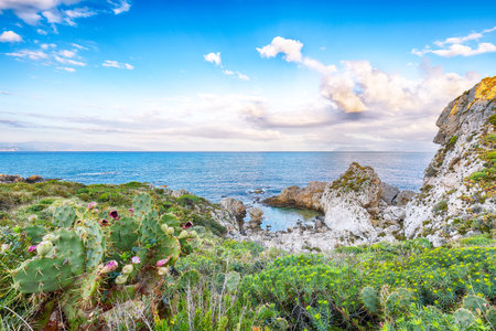 Amazing spring view on the the cape Milazzo panorama of nature reserve Piscina di Venere.  Location: cape Milazzo, Tyrrhenian sea, Island Sicilia, Italy, Europeの写真素材