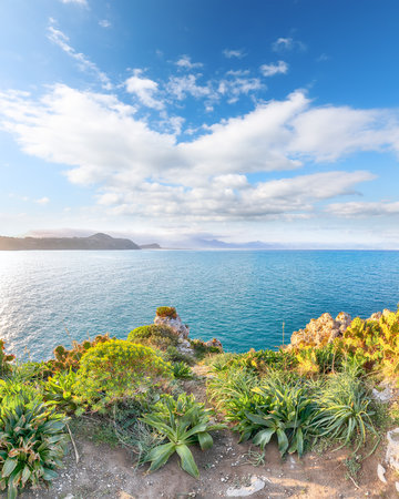 Awesome spring view on the the cape Milazzo panorama of nature reserve.  Location: cape Milazzo, Tyrrhenian sea, Island Sicilia, Italy, Europeの写真素材