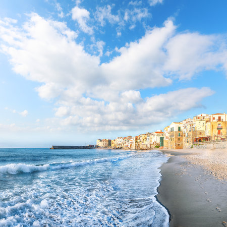 Beautiful cityscape of Cefalu city. Popular travel destination of Mediterranean sea. Location: Cefalu, Province of Palermo, Sicily, Italy, Europeの写真素材