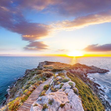 Breathtaking spring view on the the cape Milazzo panorama of nature reserve.  Location: cape Milazzo, Tyrrhenian sea, Island Sicilia, Italy, Europeの写真素材
