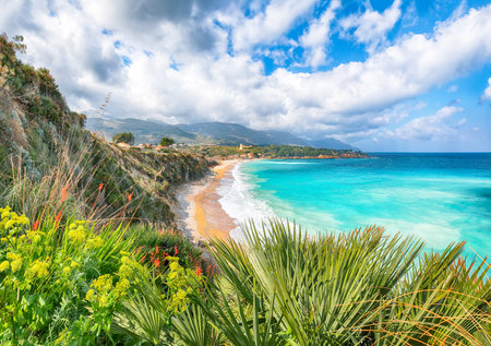 Superb seascape of Guidaloca Beach near Castellammare del Golfo. Popular travel destination. Location: Castellammare del Golfo, Province of Trapani, Sicily, Italy, Europeの写真素材