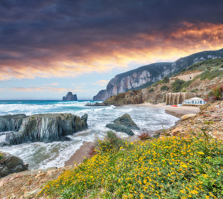 Unbelivable view of beach Portu Cauli in Masua with Pan di Zucchero at background. Blooming flowers at rocks.  Location:  Masua, Iglesias, Sardinia, Italy Europeの写真素材
