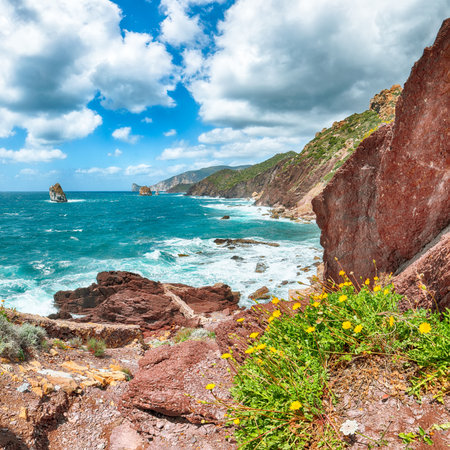 Unbelivable spring view of Nebida and Masua coast and Pan Di Zucchero on background.  Location:  Nebida, Iglesias, Sardinia, Italy Europeの写真素材