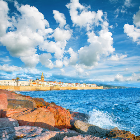 Astonishing evening cityscape of historical part of Alghero town. Fantastic  Mediterranean seascape. Location:  Alghero, Province of Sassari, Italy, Europeの写真素材