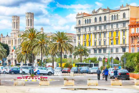 Town Hall, Municipio di Cagliari and street with typical architecture of the old center of Cagliari. Location: Cagliari, Sardinia, Italy, Europeの写真素材