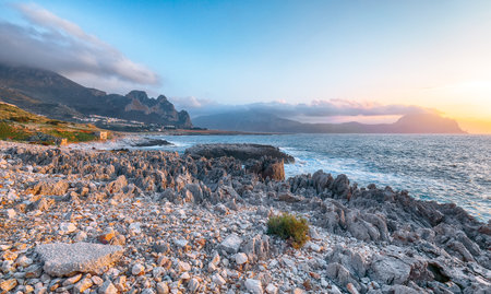 Marvelous seascape of Isolidda Beach near San Vito cape. Popular travel destination of Monte Cofano National Park. Location: San Vito Lo Capo, Province of Trapani, Sicily, Italy, Europeの写真素材