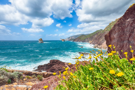 Fabulous spring view of Nebida and Masua coast and Pan Di Zucchero on background.  Location:  Nebida, Iglesias, Sardinia, Italy Europeの写真素材