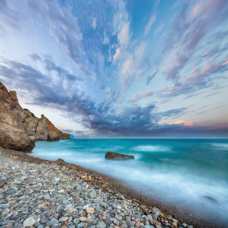 Amazing view of the beach and rocks shot with a long exposure. Gorgeous seascape. Location: Jasper beach, Cape Fiolent, Crimeaの写真素材
