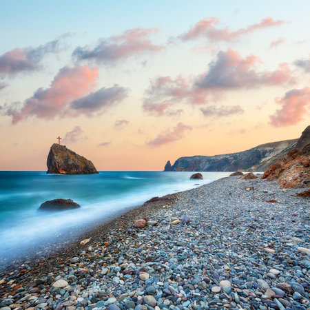 Amazing view of the beach and rocks shot with a long exposure. Gorgeous seascape.の写真素材