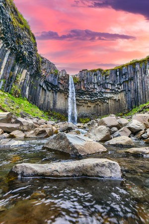 Impressive view of Svartifoss waterfall with basalt columns on southern part of Iceland.  Location:  Skaftafell National Park, Vatnajokull glacier, Iceland, Europe.の写真素材