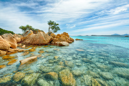 Unbelivable view of Capriccioli beach in Costa Smeralda. Popular tourist destination of Mediterranean sea. Location: Arzachena, Province of Sassari, Sardinia, Italy, Europeの写真素材