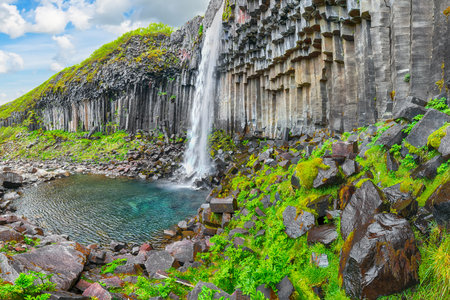 Ramarkable view of Svartifoss waterfall with basalt columns on southern part of Iceland.  Location:  Skaftafell National Park, Vatnajokull glacier, Iceland, Europe.の写真素材