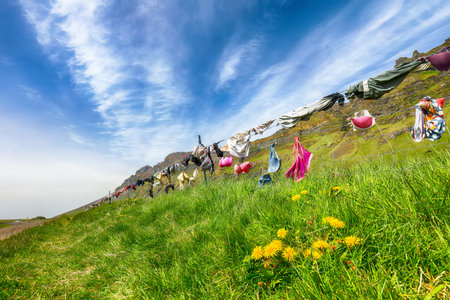 Impressive view of Bra fence on the main road near Skogafoss in  Iceland. One of Icelandic attractions. Location: main road near Skgafoss, Iceland, Europeの写真素材