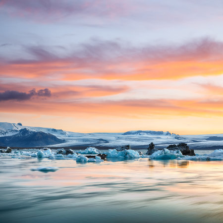 Ramarkable landscape with floating icebergs in Jokulsarlon glacier lagoon at sunset. Location: Jokulsarlon glacial lagoon, Vatnajokull National Park, south Iceland, Europeの写真素材
