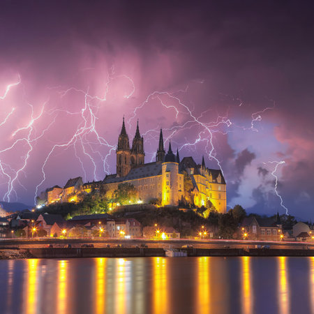 Amazing iew on Albrechtsburg castle and cathedral on the River Elbe during night.  Location: Meissen, Saxony, Germany, Europe.の写真素材