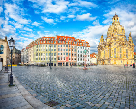 Fabulous view of  of Baroque church - Frauenkirche at Neumarkt square in downtown of Dresden. Popular tourist destination. Location: Dresden, state of Saxony, Germany, Europeの写真素材