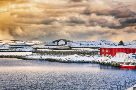 Amazing morning view of small fishing village Ramberg and Fredvang bridge at sunset. Travel destination on Lofotens. Location: Ramberg, Flakstadoya island, Lofoten; Norway, Europeの写真素材