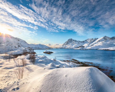 Unbelivable winter view on Sundstraumen strait that separates Moskenesoya and Flakstadoya islands. Location: Flakstadoya island Lofoten; Norway, Europeの写真素材