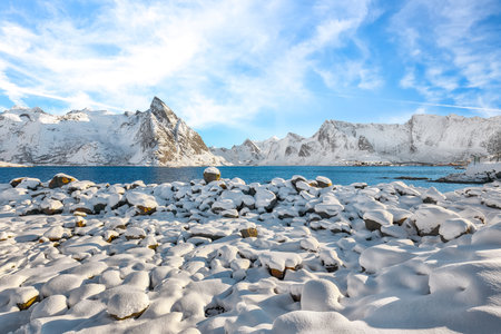 Shore of  Reinefjorden on Toppoya island with Olstinden peak  on background.  Location: Toppoya island, Lofoten; Norway, Europeの写真素材
