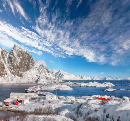 Amazing view of Hamnoy  village and bridge seen from Olenilsoya island.  Location: Olenilsoya island, Lofoten; Norway, Europeの写真素材