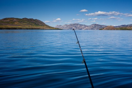 Lures are ready to be used fishing Lake Laberge, Yukon T, Canadaの写真素材