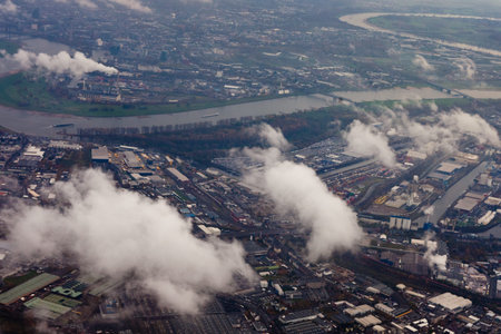 Aerial view of rhine at Dusseldorf, Germany, Europeの写真素材