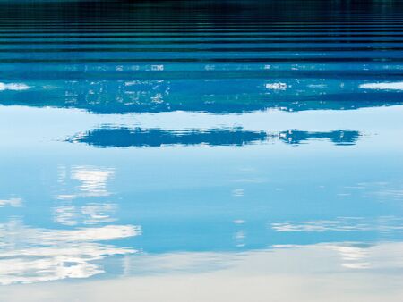 Distant shoreline, clouds and blue sky mirrored on calm lake surface with distortions of some ripples.の写真素材
