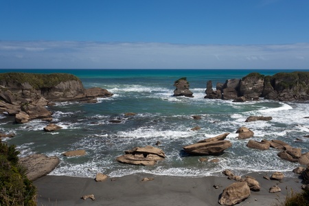 Tasman Sea at rocky West Coast of South Island of New Zealandの写真素材
