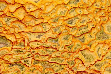 Background texture pattern of natural iron oxide rich yellow-orange mineral sediment deposit from waterの写真素材