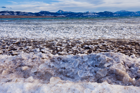 Shore ice during freeze-up of Lage Laberge, Yukon Territory, Canada, winter landscapeの写真素材